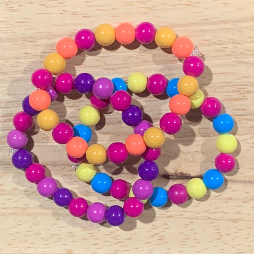 New Handcrafted Set of 3 Glass Bead Stretch Bracelets Bright Neon Colorful‎